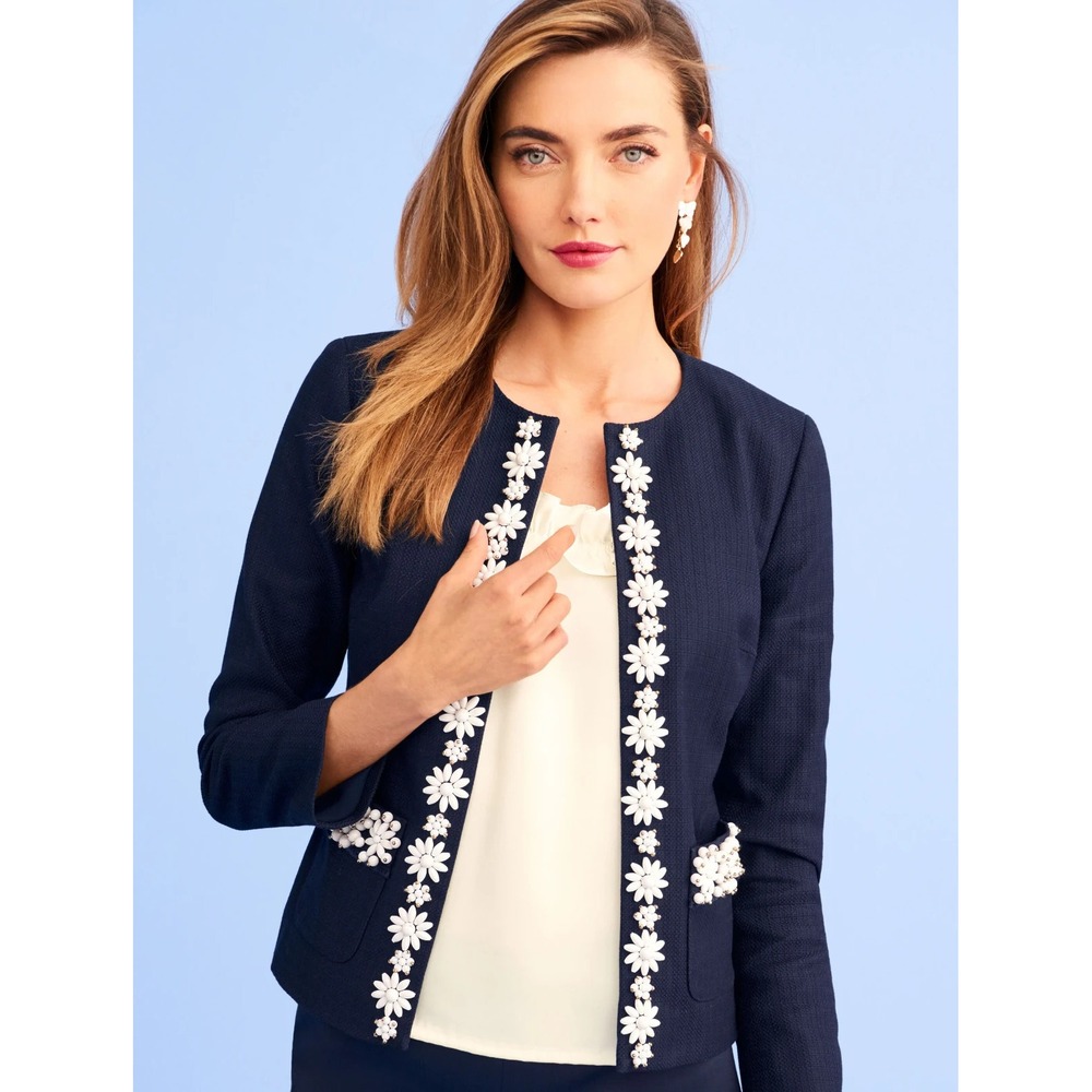Woman Sz 14 rsvp by TALBOTS Hand Beaded Flowers Navy Blazer Jacket Office Preppy